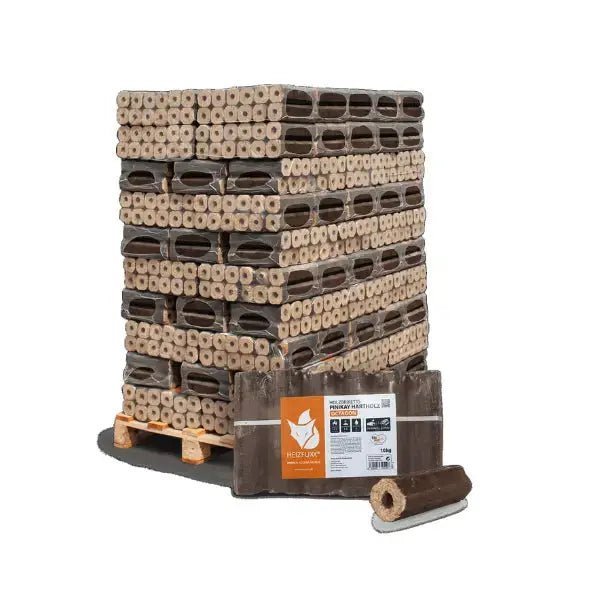 Heizfuxx PiniKay Octagon Holzbriketts Hartholz – 960 kg Palette (96×10 kg), Heizwert ≥4,8 kWh/kg, achteckig mit Loch