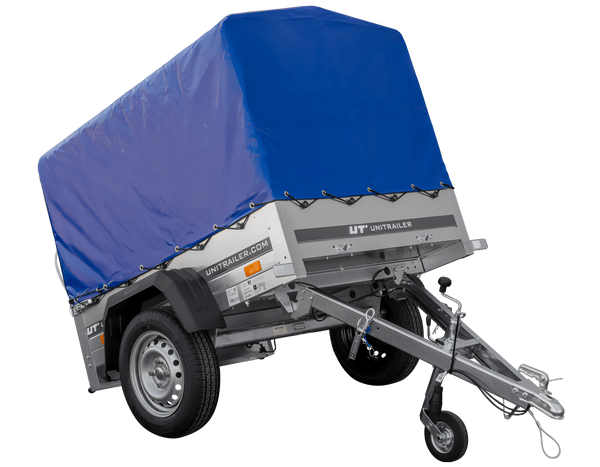 Anhänger 150 KIPP 150×106 cm [mit blauer Hochplane, Hochspriegel und Stützrad]-Neu