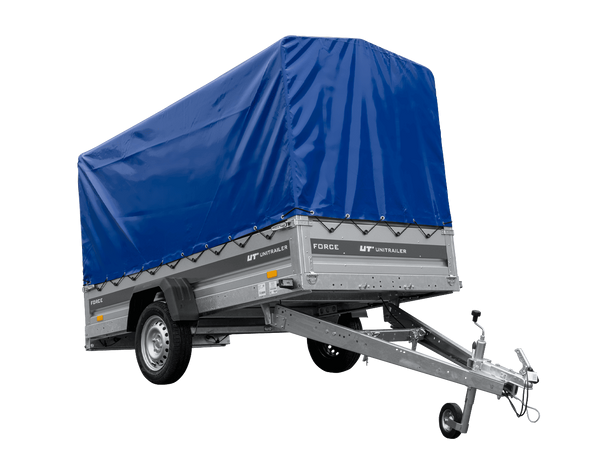 Anhänger 264×125 UNITRAILER FORCE 264 KIPP ungebremst mit H-1100 Spriegel und blauer Hochplane-Neu
