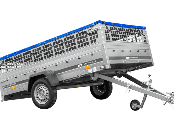 Anhänger 264×150 UNITRAILER GARDEN 265 KIPP mit Gitteraufsatz, Flachplanenträgern und blauer Plane-Neu