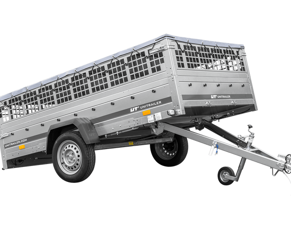 Anhänger 264×150 UNITRAILER GARDEN 265 KIPP mit Gitterwänden, H-0-Rahmen und grauer Plane-Neu