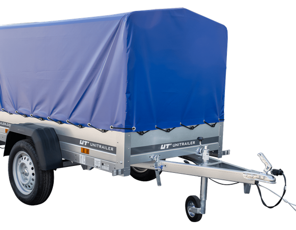 Anhänger Garden Trailer 200 KIPP 200×106 cm 750 kg [mit Hochspriegel, blauer Hochplane und Stützrad]-Neu