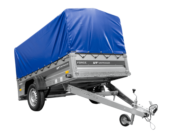 Anhänger mit Blattfedern 230×125 UNITRAILER FORCE 230/R KIPP mit H-800 Spriegel und blauer Hochplane-Neu