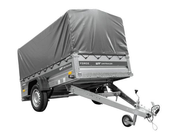 Anhänger mit Blattfedern 230×125 UNITRAILER FORCE 230/R KIPP ungebremst mit H-800 Spriegel und grauer Hochplane-Neu