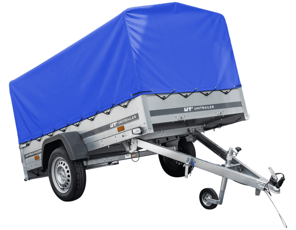 Auto Anhänger 230×125 Garden Trailer 230 KIPP Unitrailer 750 kg mit Stützrad, blauer Hochplane und Hochspriegel-Neu