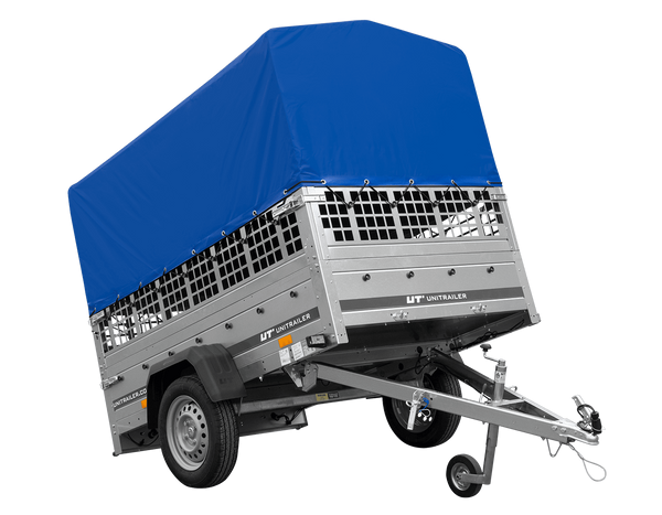 Autoanhänger 200×125 UNITRAILER GARDEN 201 KIPP mit Netzseitenwänden, H-800 Rahmen und grauer Plane-Neu