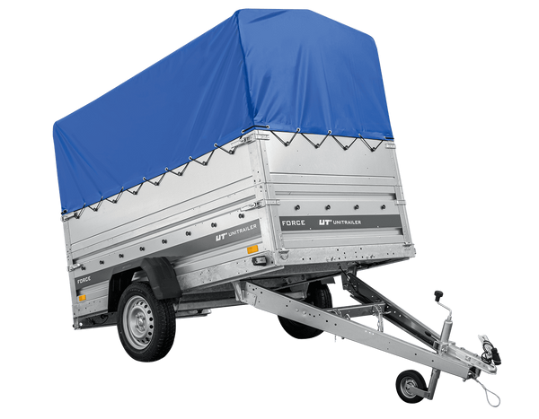 Autotransportanhänger 230×125 UNITRAILER FORCE 230 KIPP mit BIS-Seitenwänden, H-800-Rahmen und blauer Plane-Neu