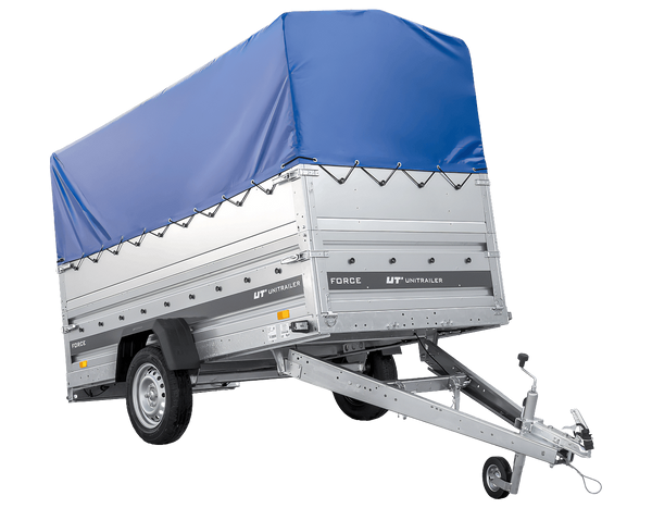 Autotransportanhänger 264×125 UNITRAILER FORCE 264 KIPP mit BIS-Seitenwänden, H-800-Rahmen und blauer Plane-Neu