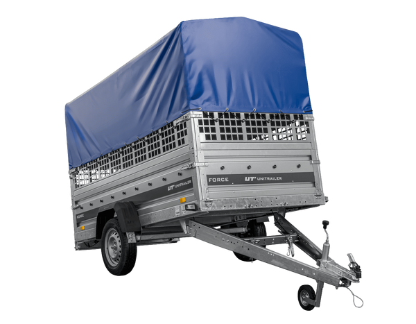 Autotransportanhänger 264×125 UNITRAILER FORCE 264 KIPP mit Gitterwänden, H-800 Rahmen und blauer Plane-Neu