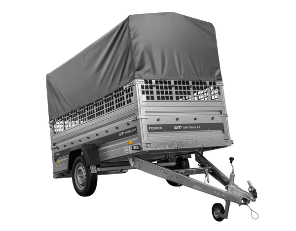Autotransportanhänger 264×125 UNITRAILER FORCE 264 KIPP mit Gitterwänden, H-800 Rahmen und grauer Plane-Neu