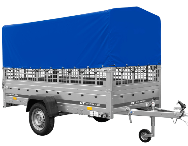 Autotransportanhänger auf Blattfedern 264×125 UNITRAILER GARDEN 264/R KIPP mit Gitterwänden, H-800 Rahmen und blauer Plane-Neu