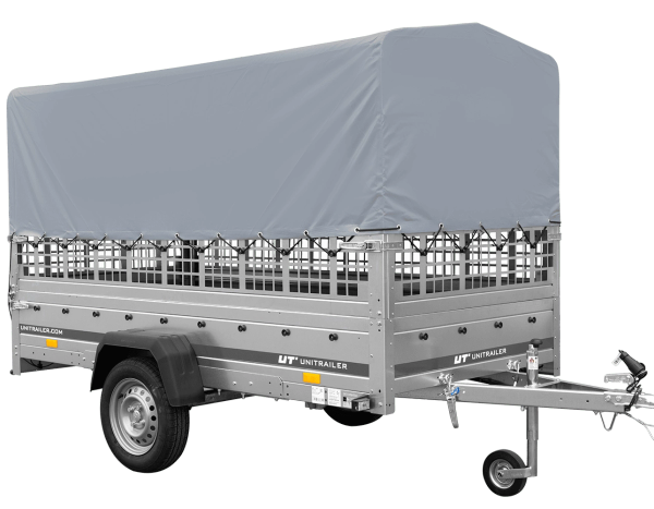 Autotransportanhänger auf Blattfedern 264×125 UNITRAILER GARDEN 264/R KIPP mit Gitterwänden, H-800 Rahmen und grauer Plane-Neu
