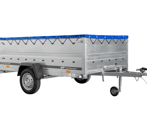 Autotransportanhänger auf Blattfedern 264×150 UNITRAILER GARDEN 265/R KIPP mit BIS-Seitenwänden, H-0-Rahmen und blauer Plane-Neu
