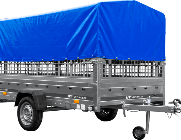 Autotransportanhänger auf Blattfedern 264×150 UNITRAILER GARDEN 265/R KIPP mit Gitterwänden, H-800 Rahmen und blauer Plane-Neu