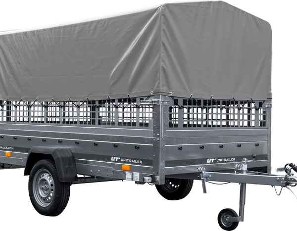 Autotransportanhänger auf Blattfedern 264×150 UNITRAILER GARDEN 265/R KIPP mit Gitterwänden, H-800 Rahmen und grauer Plane-Neu