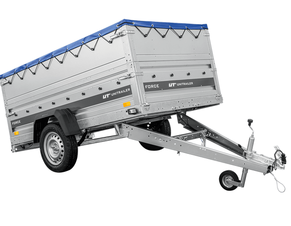 Autotransportanhänger auf Federn 230×125 UNITRAILER FORCE 230/R KIPP mit BIS-Seitenwänden, H-0-Rahmen und blauer Plane-Neu