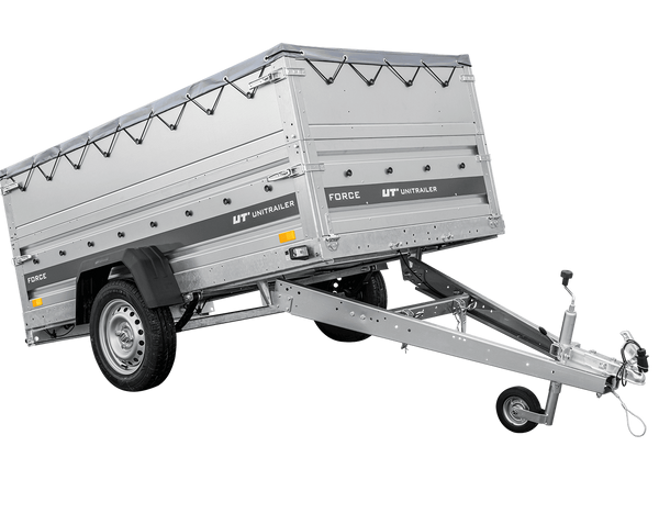 Autotransportanhänger auf Federn 230×125 UNITRAILER FORCE 230/R KIPP mit BIS-Seitenwänden, H-0-Rahmen und grauer Plane-Neu