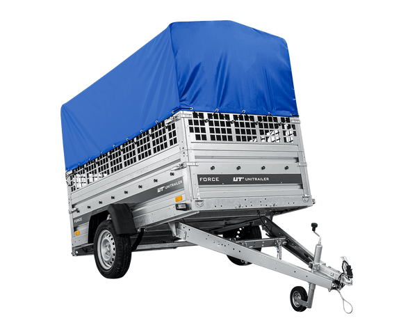 Autotransportanhänger auf Federn 230×125 UNITRAILER FORCE 230/R KIPP mit Gitterwänden, H-800 Rahmen und blauer Plane-Neu