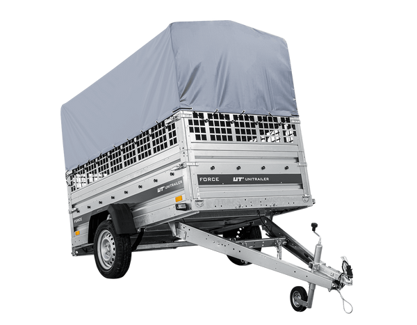 Autotransportanhänger auf Federn 230×125 UNITRAILER FORCE 230/R KIPP mit Gitterwänden, H-800 Rahmen und grauer Plane-Neu