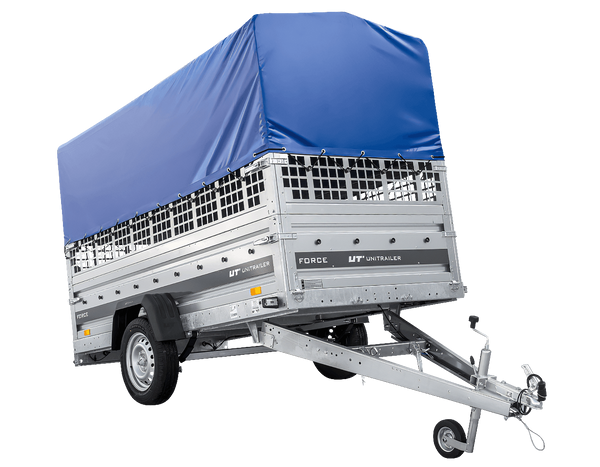 Autotransportanhänger auf Federn 264×125 UNITRAILER FORCE 264/R KIPP mit Gitterwänden, H-800 Rahmen und blauer Plane-Neu