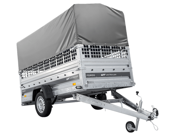 Autotransportanhänger auf Federn 264×125 UNITRAILER FORCE 264/R KIPP mit Gitterwänden, H-800 Rahmen und grauer Plane-Neu