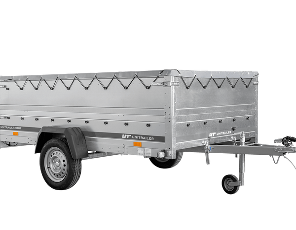Autotransportanhänger auf Federn 264×150 UNITRAILER GARDEN 265/R KIPP mit BIS-Seitenwänden, H-0-Rahmen und grauer Plane-Neu