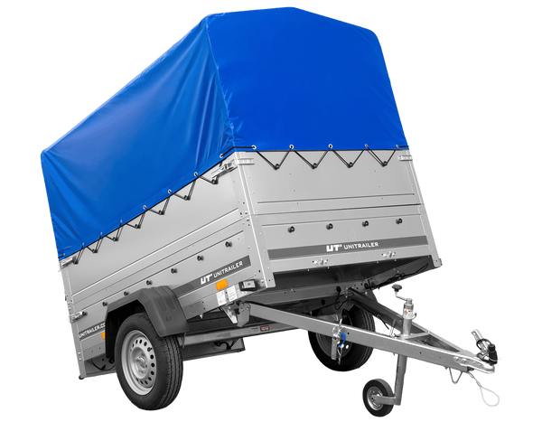 Einachsanhänger 200×125 UNITRAILER GARDEN 201 KIPP mit BIS-Seitenwänden, H-800-Rahmen und blauer Plane-Neu