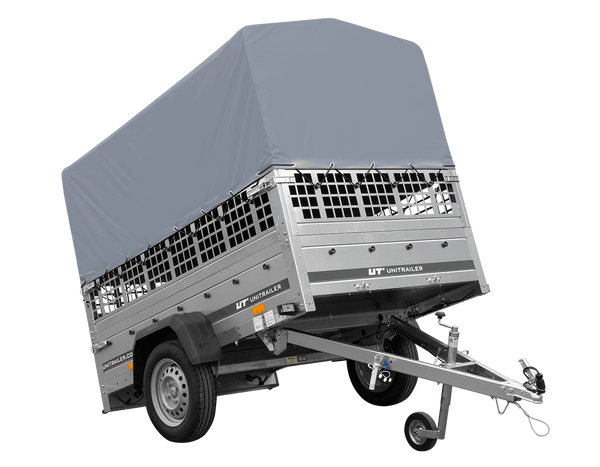 Einachsanhänger 200×125 UNITRAILER GARDEN 201 KIPP mit Gitterseitenwänden, H-800 Rahmen und grauer Plane-Neu