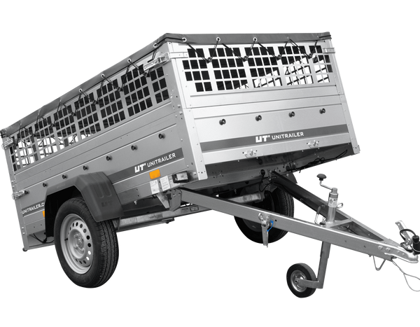 Einachsanhänger 200×125 UNITRAILER GARDEN 201 KIPP mit Gitterseitenwänden und grauer Abdeckung-Neu