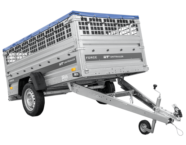 Einachsanhänger 230×125 UNITRAILER FORCE 230 KIPP mit Gitterseitenwänden, H-0-Rahmen und blauer Plane-Neu
