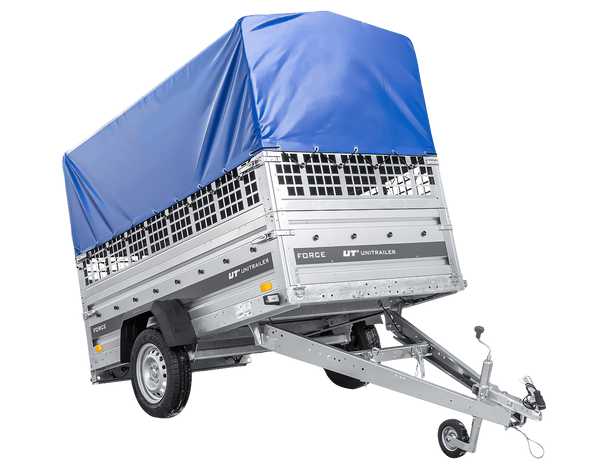Einachsanhänger 230×125 UNITRAILER FORCE 230 KIPP mit Gitterseitenwänden, H-0-Rahmen und blauer Plane-Neu