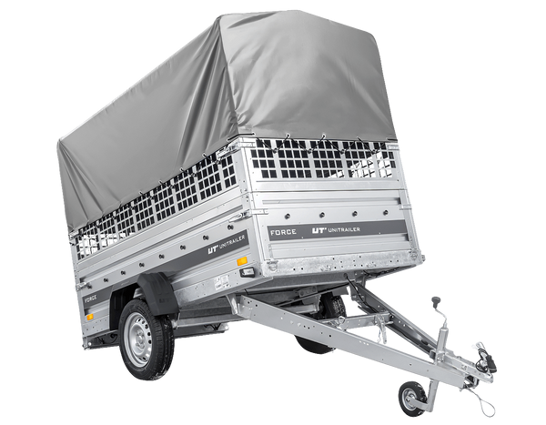Einachsanhänger 230×125 UNITRAILER FORCE 230 KIPP mit Gitterseitenwänden, H-800 Rahmen und grauer Plane-Neu