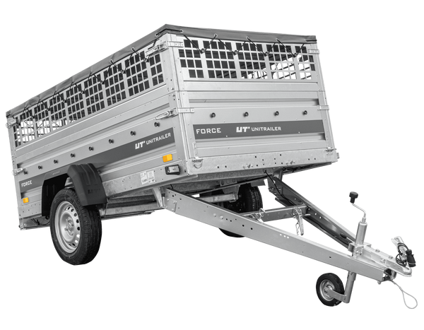 Einachsanhänger 230×125 UNITRAILER FORCE 230 KIPP mit Gitterwänden, H-0-Rahmen und grauer Plane-Neu