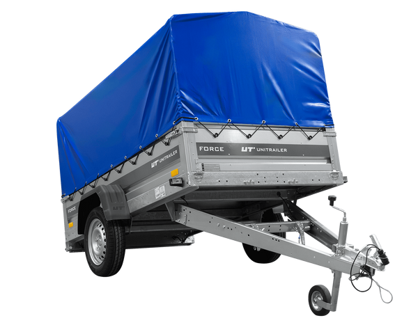 Einachsanhänger 230×125 UNITRAILER FORCE 230 KIPP mit H-800 Spriegel und blauer Plane-Neu