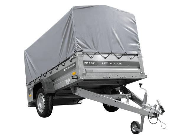 Einachsanhänger 230×125 UNITRAILER FORCE 230 KIPP mit H-800 Spriegel und grauer Hochplane-Neu