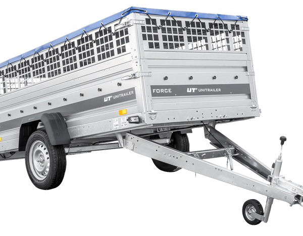 Einachsanhänger 264×125 UNITRAILER FORCE 264 KIPP mit Gitterwänden, H-0-Rahmen und blauer Plane-Neu