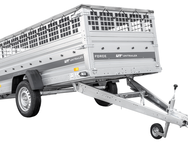 Einachsanhänger 264×125 UNITRAILER FORCE 264 KIPP mit Gitterwänden, H-0-Rahmen und grauer Plane-Neu