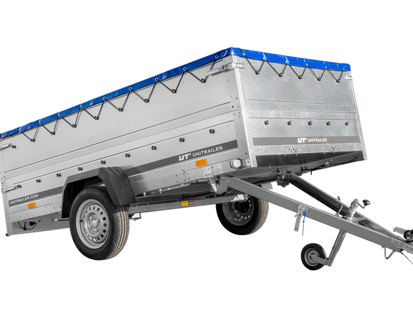 Einachsanhänger 264×150 UNITRAILER GARDEN 265 KIPP mit zusätzlichen Bordwänden, H-0-Rahmen und blauer Plane-Neu