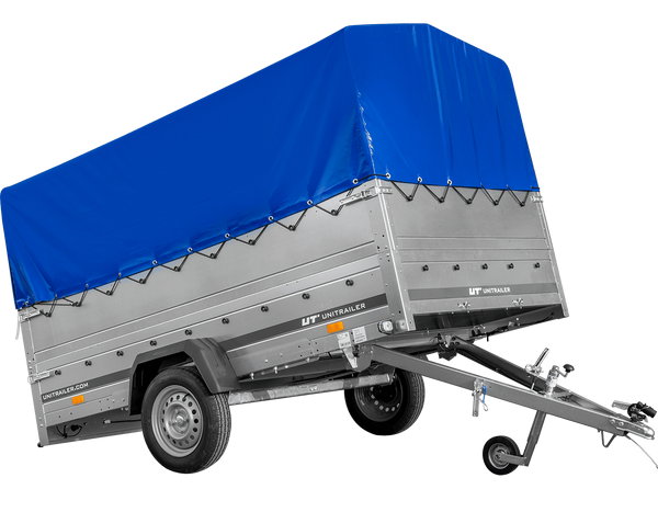 Einachsanhänger 264×150 UNITRAILER GARDEN 265 KIPP mit zusätzlichen Bordwänden, H-800-Hochspriegel und blauer Plane-Neu