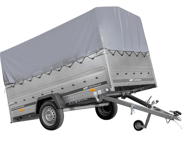 Einachsanhänger 264×150 UNITRAILER GARDEN 265 KIPP mit zusätzlichen Bordwänden, H-800-Rahmen und grauer Plane-Neu