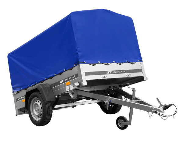 Einachsanhänger auf Blattfedern 200×125 UNITRAILER GARDEN 201/R KIPP mit H-800-Rahmen und blauer Plane-Neu