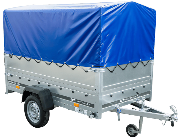 Einachsanhänger auf Blattfedern 230×125 UNITRAILER GARDEN 230/R KIPP mit BIS-Seiten, H-800-Rahmen und blauer Plane-Neu
