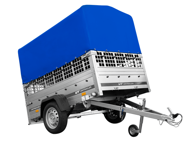 Einachsanhänger auf Federn 200×125 UNITRAILER GARDEN 201/R KIPP mit Gitterwänden, H-800-Rahmen und blauer Plane-Neu
