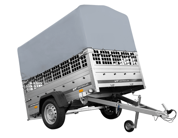 Einachsanhänger auf Federn 200×125 UNITRAILER GARDEN 201/R KIPP mit Gitterwänden, H-800-Rahmen und grauer Plane-Neu