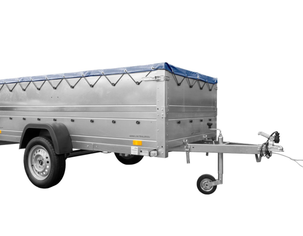 Einachsanhänger auf Federn 264×125 UNITRAILER GARDEN 264/R KIPP mit BIS-Seiten, H-0-Rahmen und blauer Plane-Neu