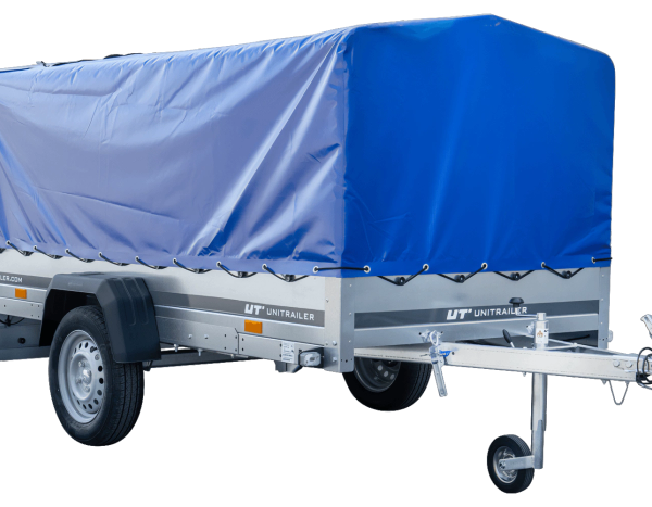 Einachsanhänger mit Blattfedern 264×125 UNITRAILER GARDEN 264/R KIPP mit H-800-Rahmen und blauer Plane-Neu