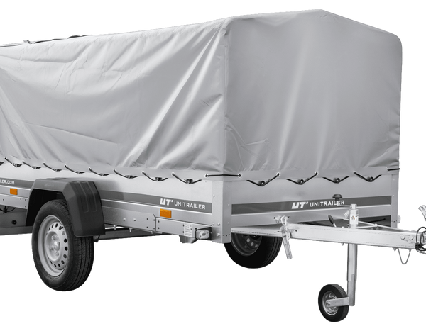 Einachsanhänger mit Blattfedern 264×125 UNITRAILER GARDEN 264/R KIPP mit H-800-Rahmen und grauer Plane-Neu