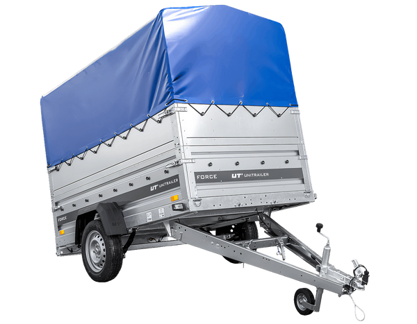 Einachsiger Anhänger auf Blattfedern 230×125 UNITRAILER FORCE 230/R KIPP mit BIS-Seitenwänden, H-800-Rahmen und blauer Plane-Neu