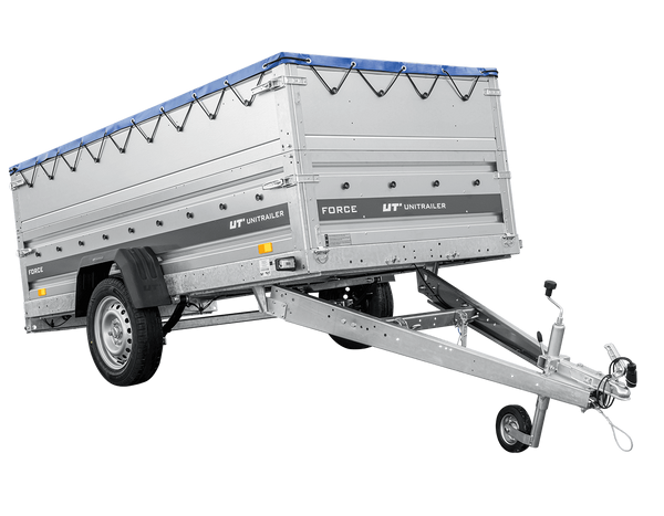 Einachsiger Anhänger auf Blattfedern 264×125 UNITRAILER FORCE 264/R KIPP mit BIS-Seitenwänden, H-0-Rahmen und blauer Plane-Neu