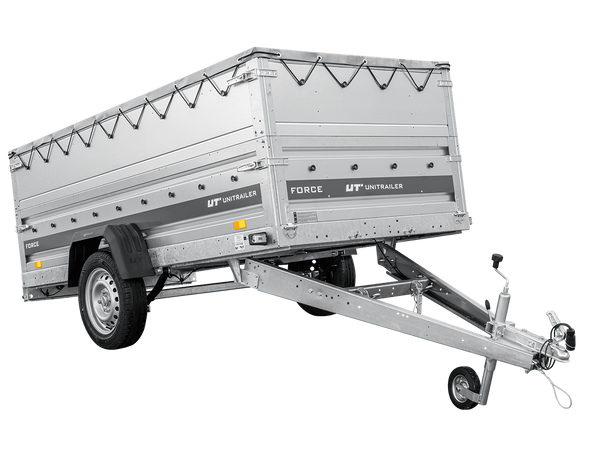 Einachsiger Anhänger auf Blattfedern 264×125 UNITRAILER FORCE 264/R KIPP mit BIS-Seitenwänden, H-0-Rahmen und grauer Plane-Neu